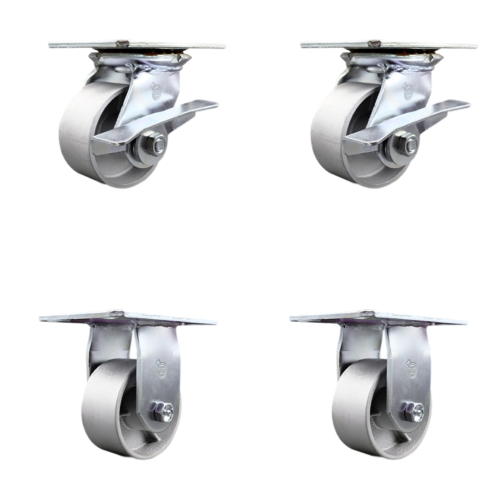 Heavy Duty Large Top Plate Semi Steel Cast Iron Swivel Caster Set of 4 w/4" x 2" Silver Wheels - Includes 2 Swivel with Brakes & 2 Rigid - 4000 lbs Total Capacity - Service Caster Brand — photo 1