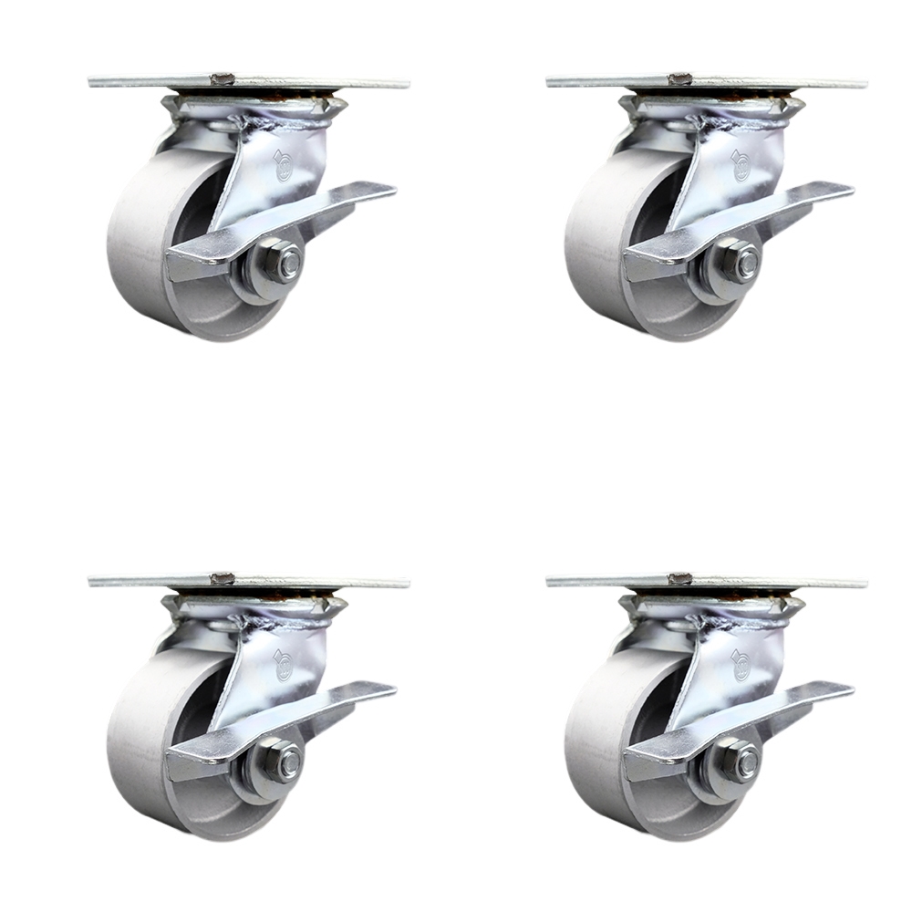 Heavy Duty Large Top Plate Semi Steel Cast Iron Swivel Caster w/Main. Free Bearings Set of 4 w/4" x 2" Silver Wheels - Includes 4 Swivel w/Side Lck Brakes-4000lbs Total Capacity - Service Caster Brand — photo 1