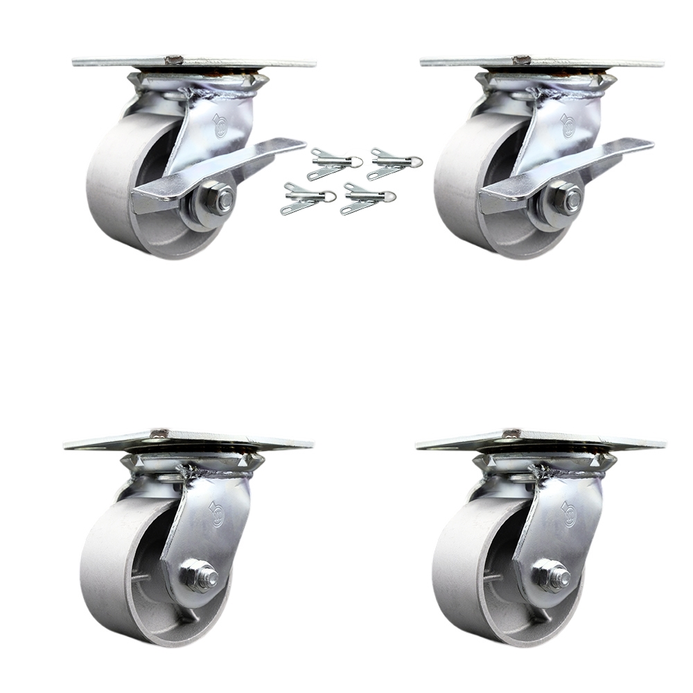 Heavy Duty Large Top Plate Semi Steel Swivel Caster w/Main. Free Bearings Set 4 w/4" x 2" Silver Wheels-Includes 2 Swvl w/BRKs and Bolt on Swvl Lock&2 Swvl w/Bolt on Swvl Lock - Service Caster Brand — photo 1