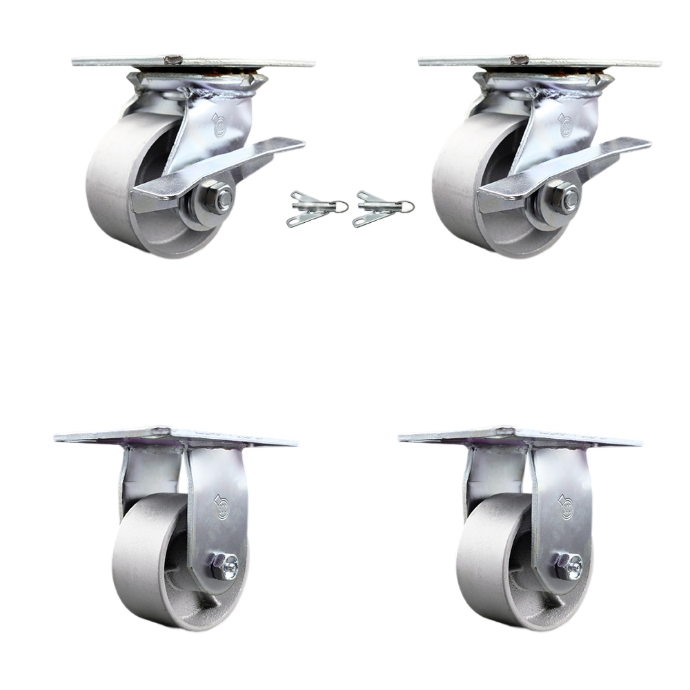 Heavy Duty Large Top Plate Semi Steel Cast Iron Swivel Caster w/Main. Free Bearings Set of 4 w/4" x 2" Silver Wheels-Includes 2 Swivel with Brakes and Bolt on Swivel Lcks&2 Rigid- Service Caster Brand — photo 1