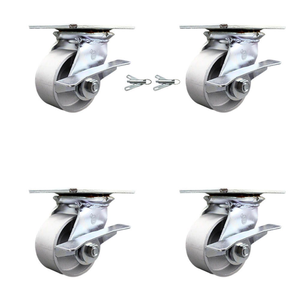 Heavy Duty Large Top Plate Semi Steel Cast Iron Swivel Caster Set 4 w/4" x 2" Silver Wheels-Includes 2 Swivel with Brakes and Bolt on Swvl Lcks&2 Swvl w/Brake-4000lbs Total Cpty - Service Caster Brand — photo 1