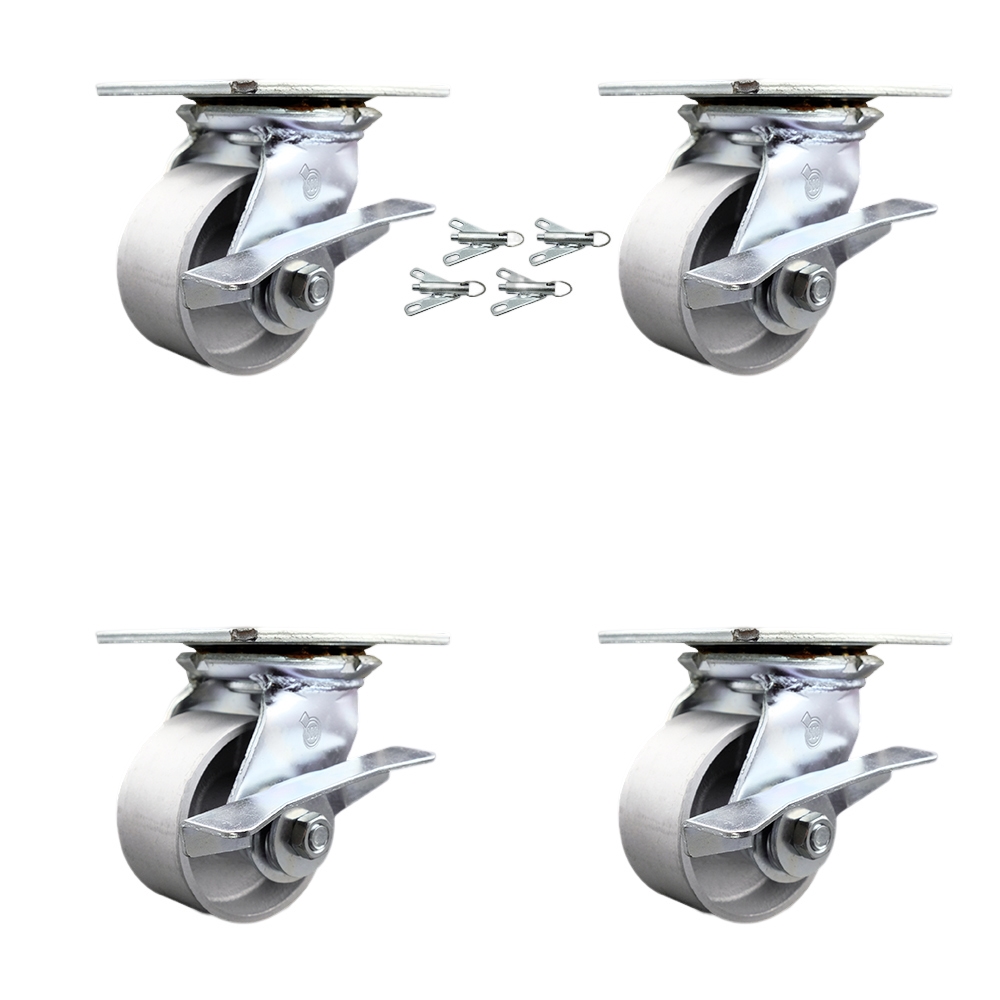 Heavy Duty Large Top Plate Semi Steel Cast Iron Swivel Caster w/Main. Free Bearings Set of 4 w/4" x 2" Silver Wheels - Includes 4 Swivel w/Side Lck Brakes & Bolt on Swivel Locks - Service Caster Brand — photo 1