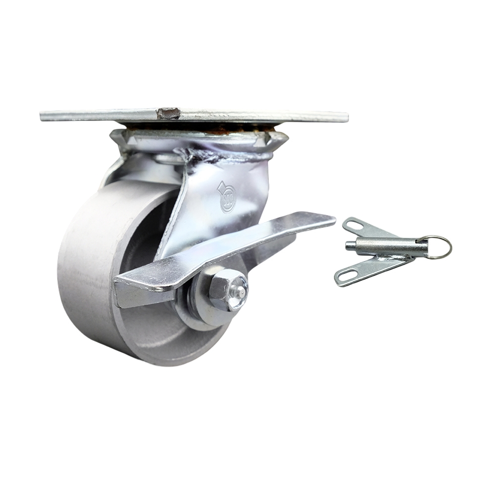 Heavy Duty Large Top Plate Semi Steel Cast Iron Swivel Caster w/4" x 2" Silver Wheel & Side Lck Brake and Bolt on Swivel Lock - 1000 lbs Capacity/Caster - Service Caster Brand — photo 1