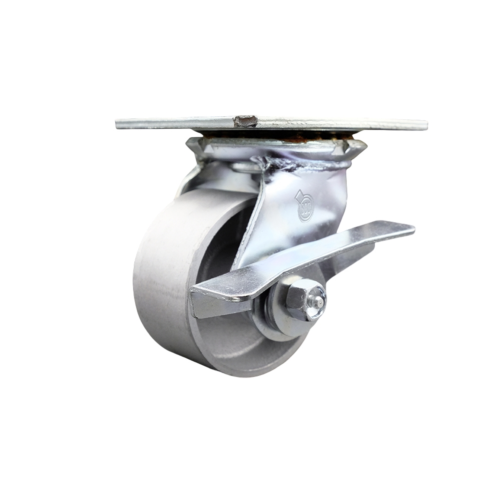 Heavy Duty Large Top Plate Semi Steel Cast Iron Swivel Caster w/4" x 2" Silver Wheel & Side Lck Brake - 1000 lbs Capacity/Caster - Service Caster Brand — photo 1