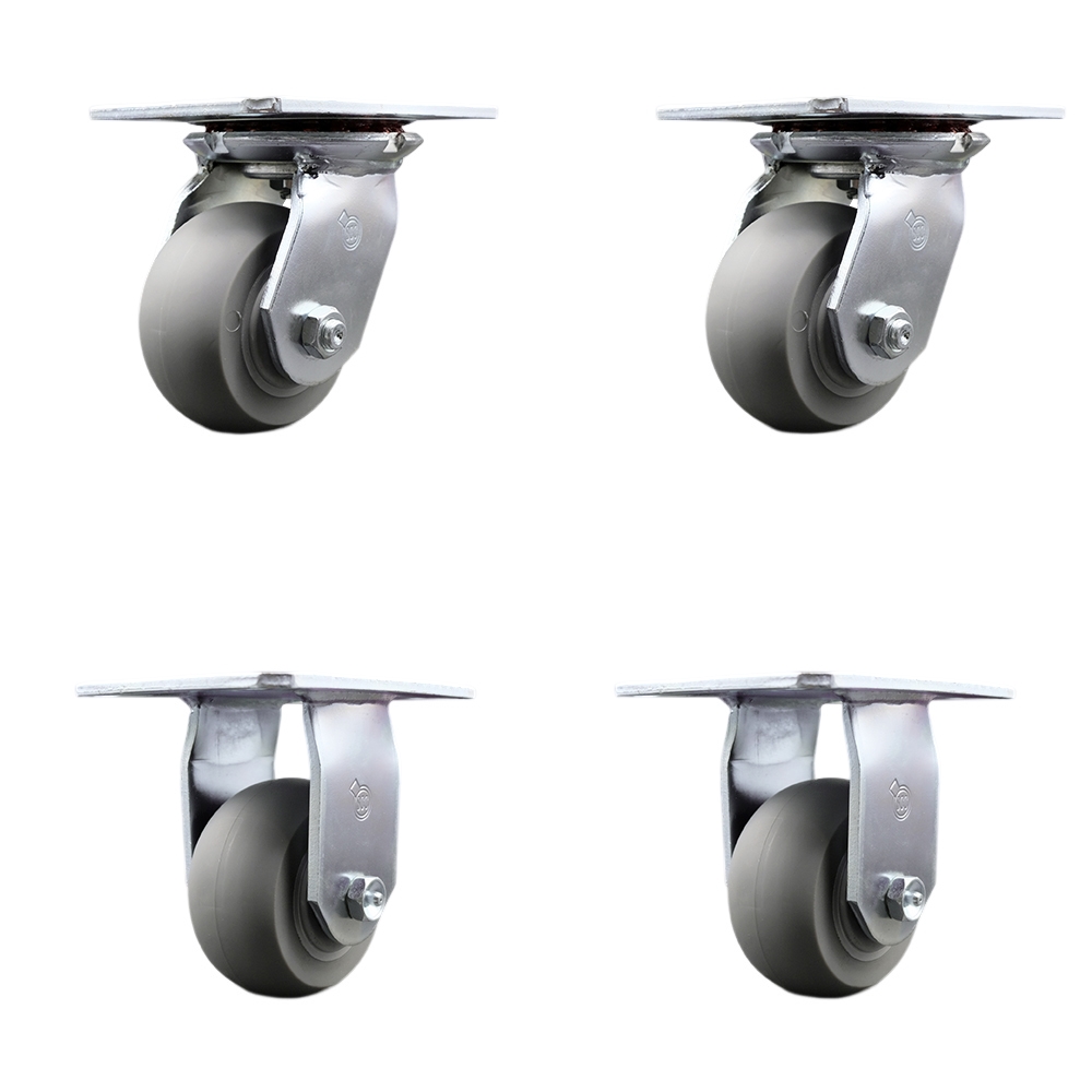 Heavy Duty Large Top Plate Thermo Rubber Donut Tread Swivel Caster w/Main. Free Bearings Set of 4 w/4" x 2" Gray Wheels - Includes 2 Swivel & 2 Rigid - 1200 lbs Total Capacity - Service Caster Brand — photo 1