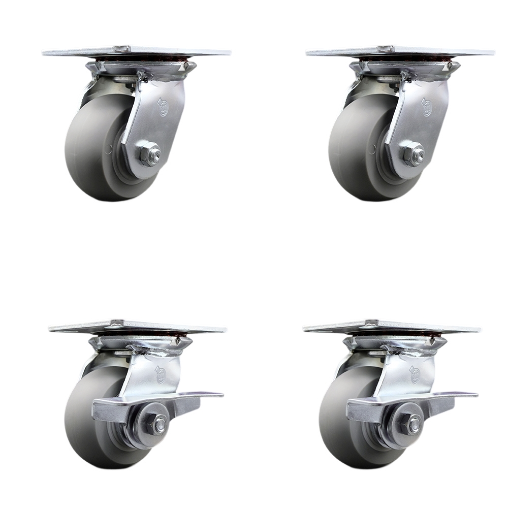 Heavy Duty Large Top Plate Thermo Rubber Donut Tread Swivel Caster Set of 4 w/4" x 2" Gray Wheels - Includes 2 Swivel with Brakes & 2 Swivel - 1200 lbs Total Capacity - Service Caster Brand — photo 1