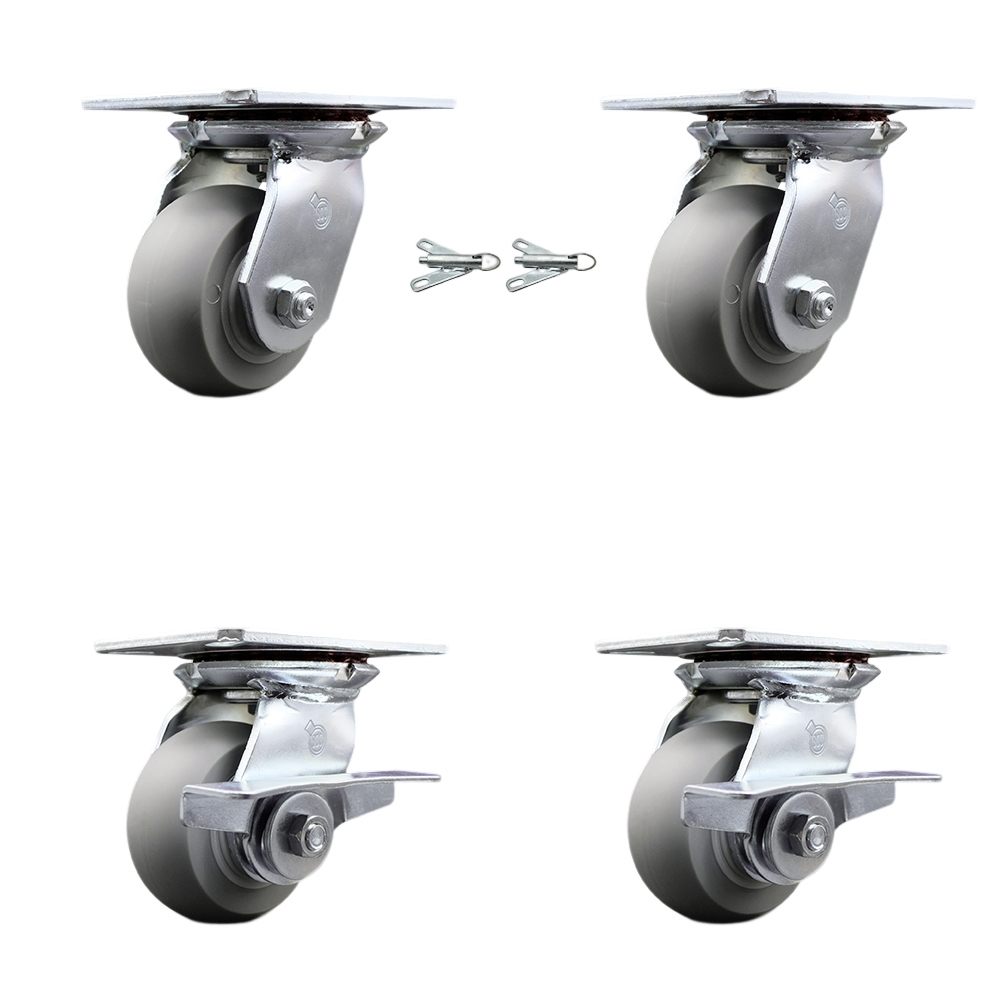 Heavy Duty Large Top Plate Thermo Rubber Donut Tread Swivel Caster Set of 4 w/4" x 2" Gray Wheels- Includes 2 Swivel with Bolt on Swvl Lcks&2 Swvl with Brakes-1200lbs Total Cpty - Service Caster Brand — photo 1