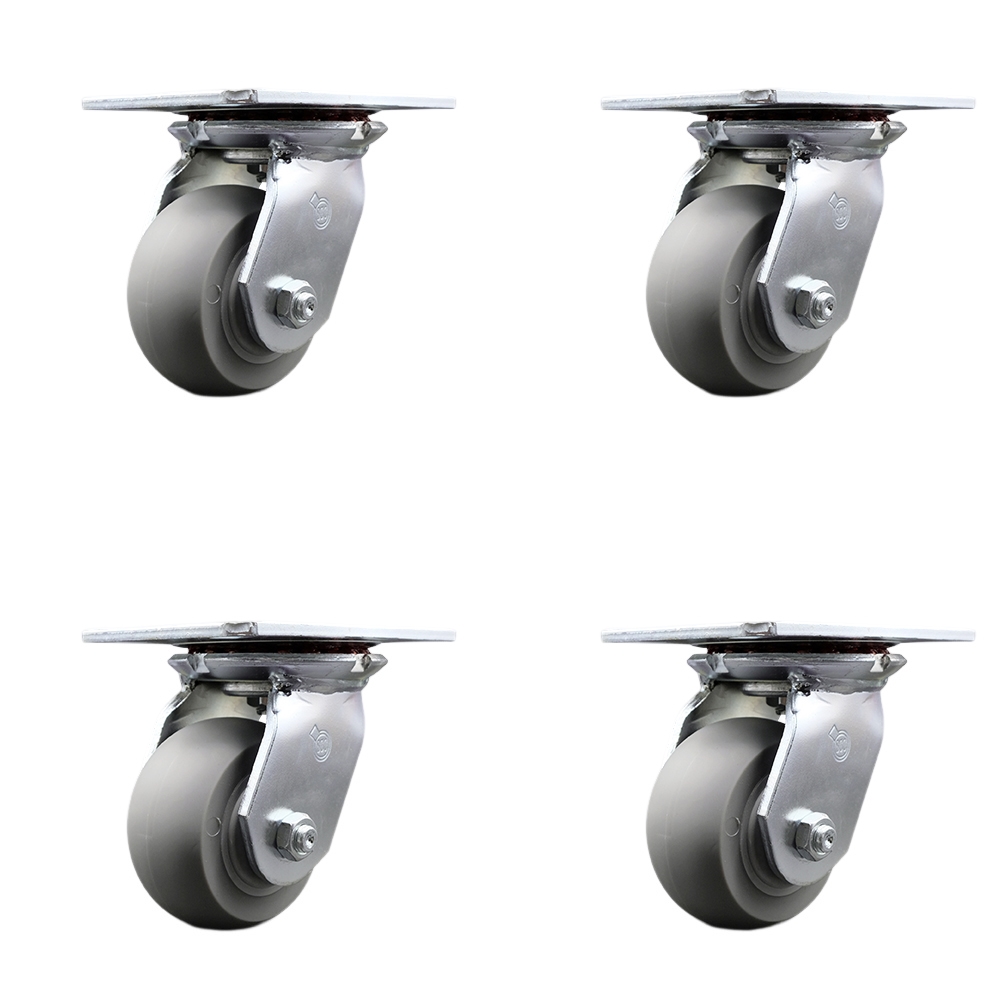 Heavy Duty Large Top Plate Thermo Rubber Donut Tread Swivel Caster w/Main. Free Bearings Set of 4 w/4" x 2" Gray Wheels-Includes 4 Swivel w/Bolt on Swvl Locks-1200lbs Total Cpty - Service Caster Brand — photo 1