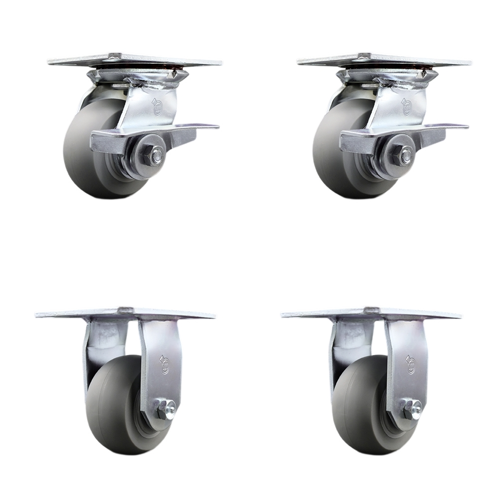 Heavy Duty Large Top Plate Thermo Rubber Donut Tread Swivel Caster w/Main. Free Bearings Set of 4 w/4" x 2" Gray Wheels- Includes 2 Swivel with Brakes&2 Rigid-1200lbs Total Cpty - Service Caster Brand — photo 1