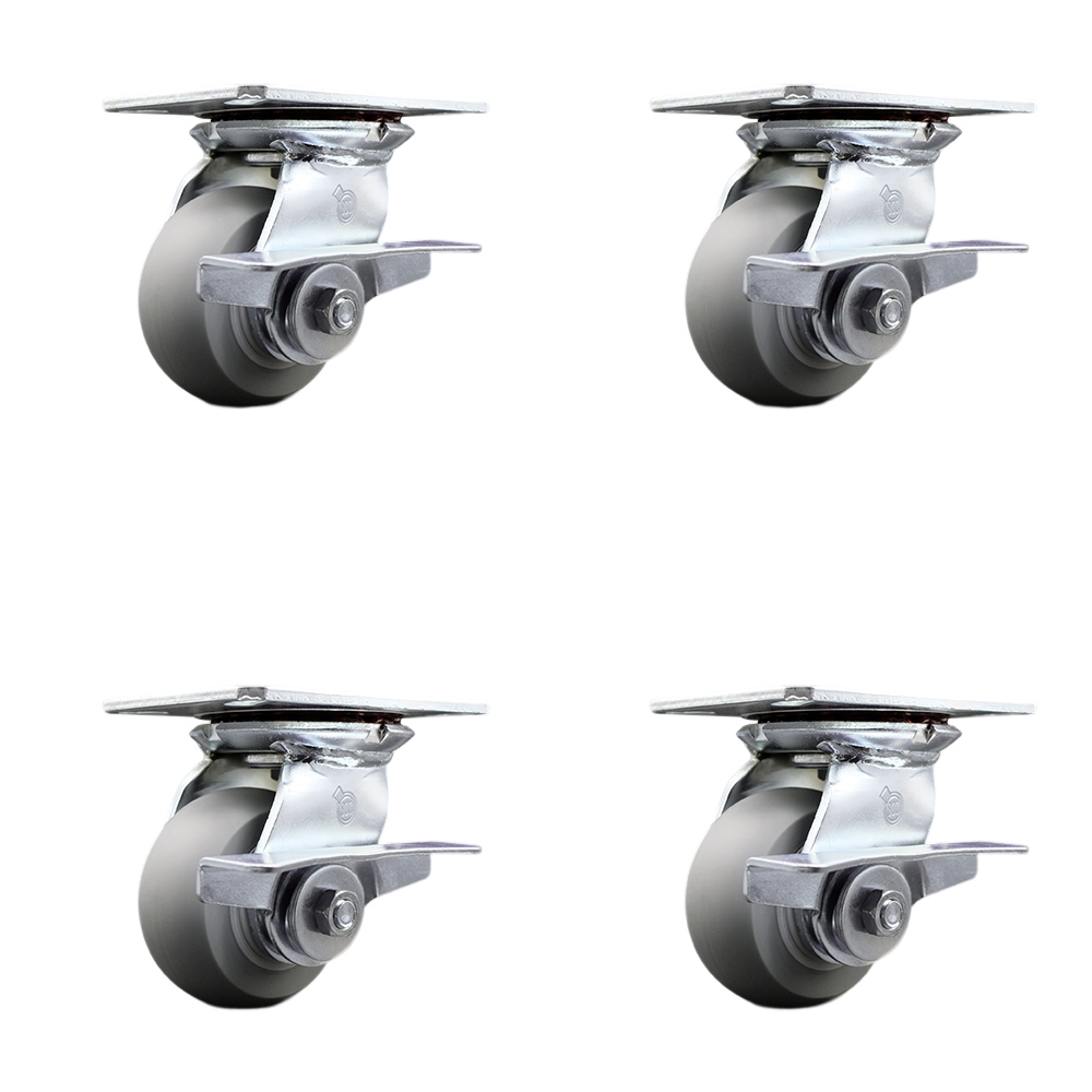 Heavy Duty Large Top Plate Thermo Rubber Donut Tread Swivel Caster Set of 4 w/4" x 2" Gray Wheels - Includes 4 Swivel w/Side Lck Brakes - 1200 lbs Total Capacity - Service Caster Brand — photo 1