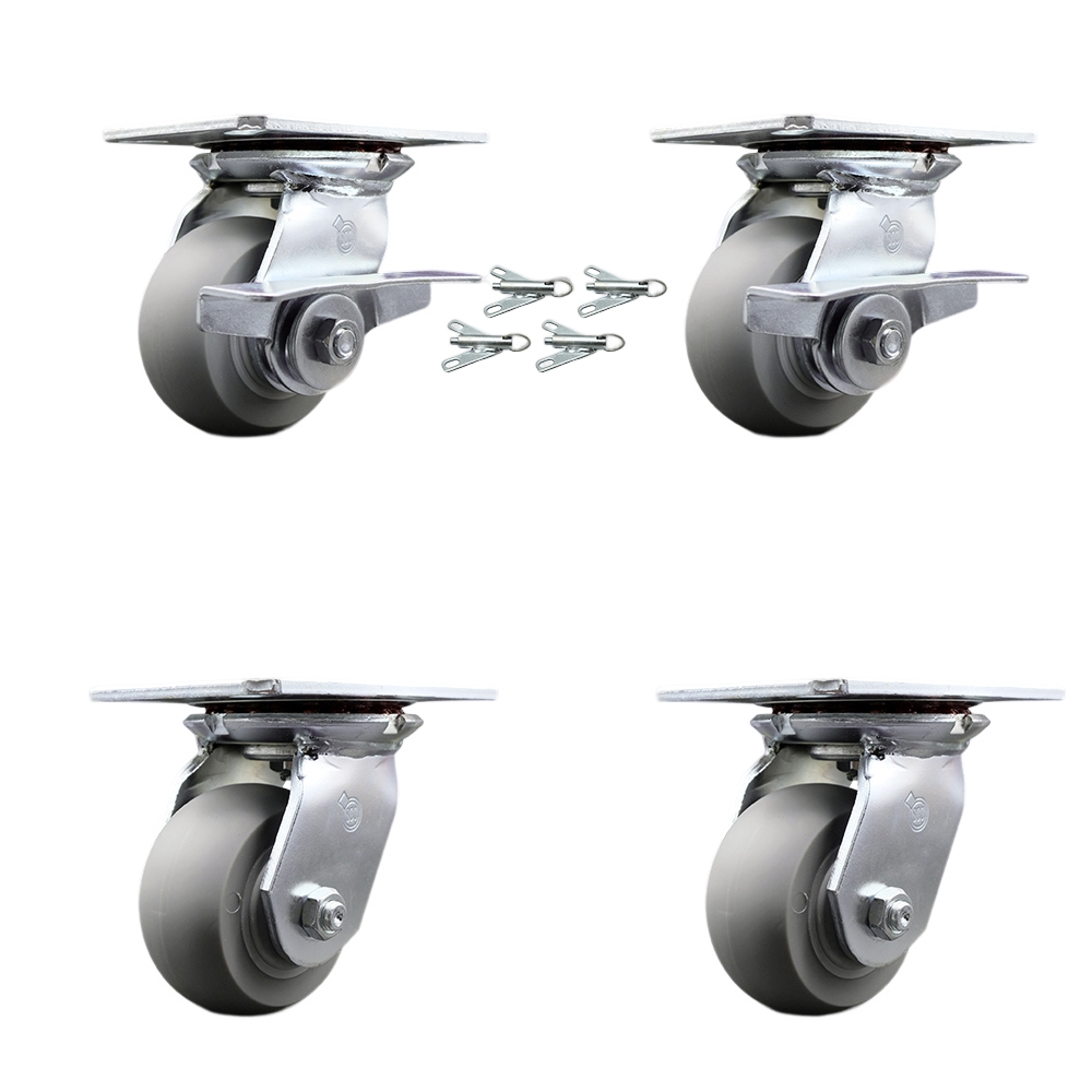 Heavy Duty Large Top Plate Thermo Rubber Donut Tread Swvl Caster w/Main. Free Bearing Set 4 w/4"x2" Gray Wheel-Includes 2 Swvl w/BRK and Bolt on Swvl Lck&2 Swvl w/Bolt on Swvl Lck-Service Caster Brand — photo 1