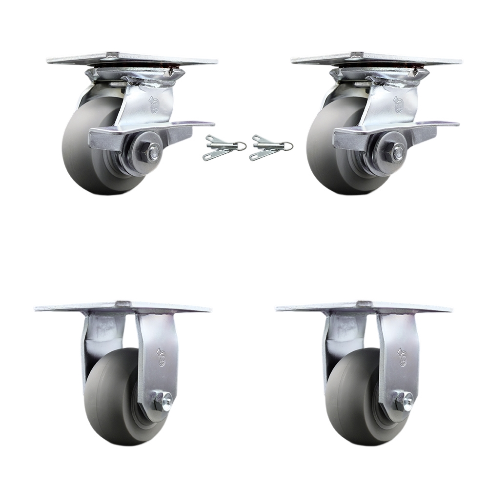 Heavy Duty Large Top Plate Thermo Rubber Donut Tread Swivel Caster w/Main. Free Bearings Set of 4 w/4" x 2" Gray Wheels-Includes 2 Swivel with Brakes and Bolt on Swvl Lcks&2 Rigid-Service Caster Brand — photo 1