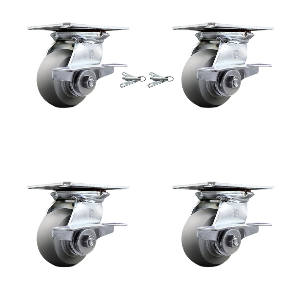 Heavy Duty Large Top Plate Thermo Rubber Donut Tread Swivel Caster w/Main. Free Bearing Set 4 w/4" x 2" Gray Wheel-Includes 2 Swvl with BRKs and Bolt on Swvl Lck&2 Swvl with Brake-Service Caster Brand — photo 1