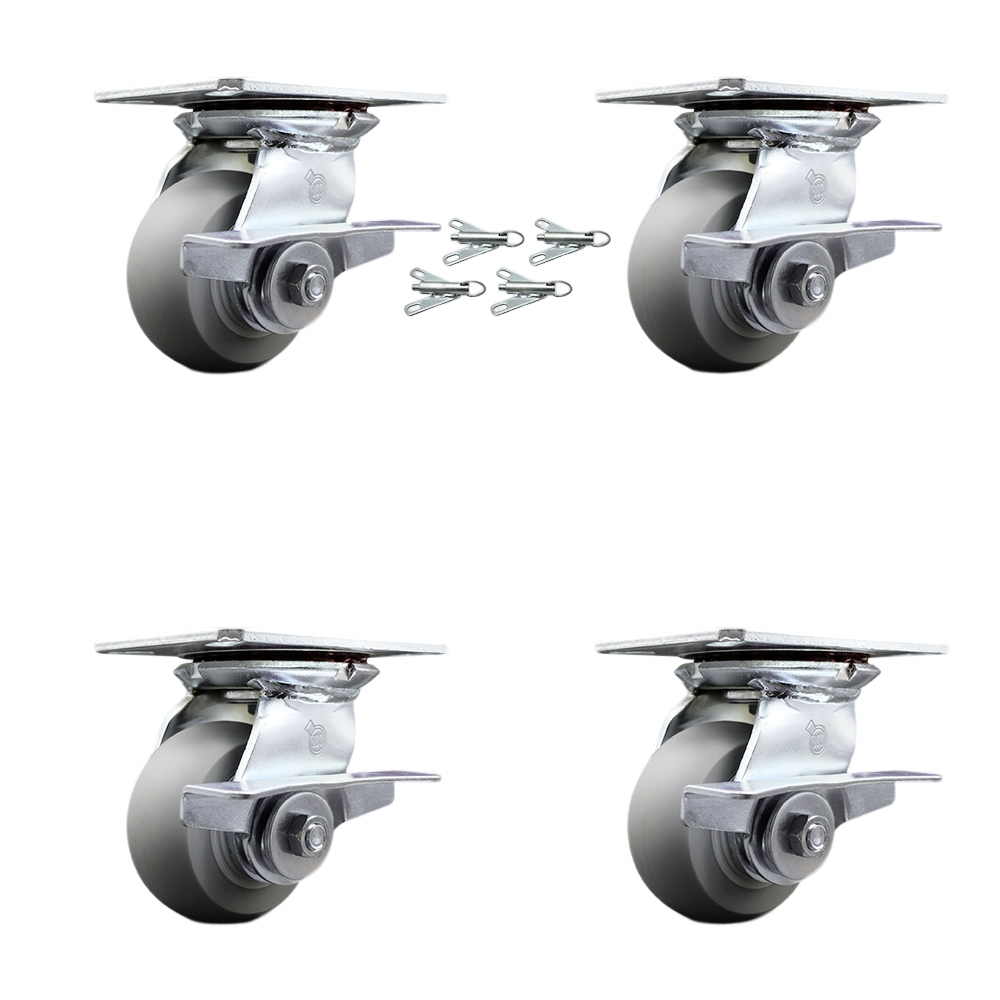Heavy Duty Large Top Plate Thermo Rubber Donut Tread Swivel Caster Set of 4 w/4" x 2" Gray Wheels - Includes 4 Swivel w/Side Lck Brakes & Bolt on Swivel Locks-1200lbs Total Cpty - Service Caster Brand — photo 1