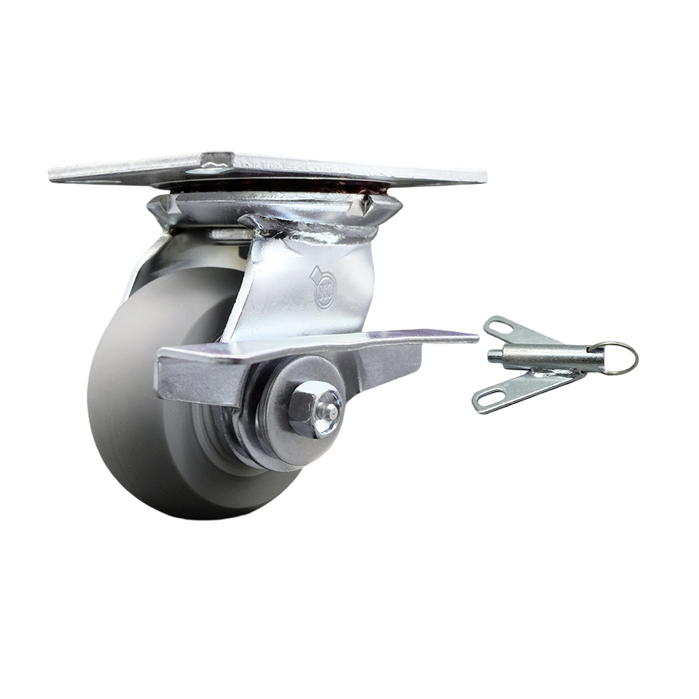 Heavy Duty Large Top Plate Thermo Rubber Donut Tread Swivel Caster w/Main. Free Bearings and 4" x 2" Gray Wheel & Side Lck Brake and Bolt on Swivel Lock - 300lbs Capacity/Caster - Service Caster Brand — photo 1