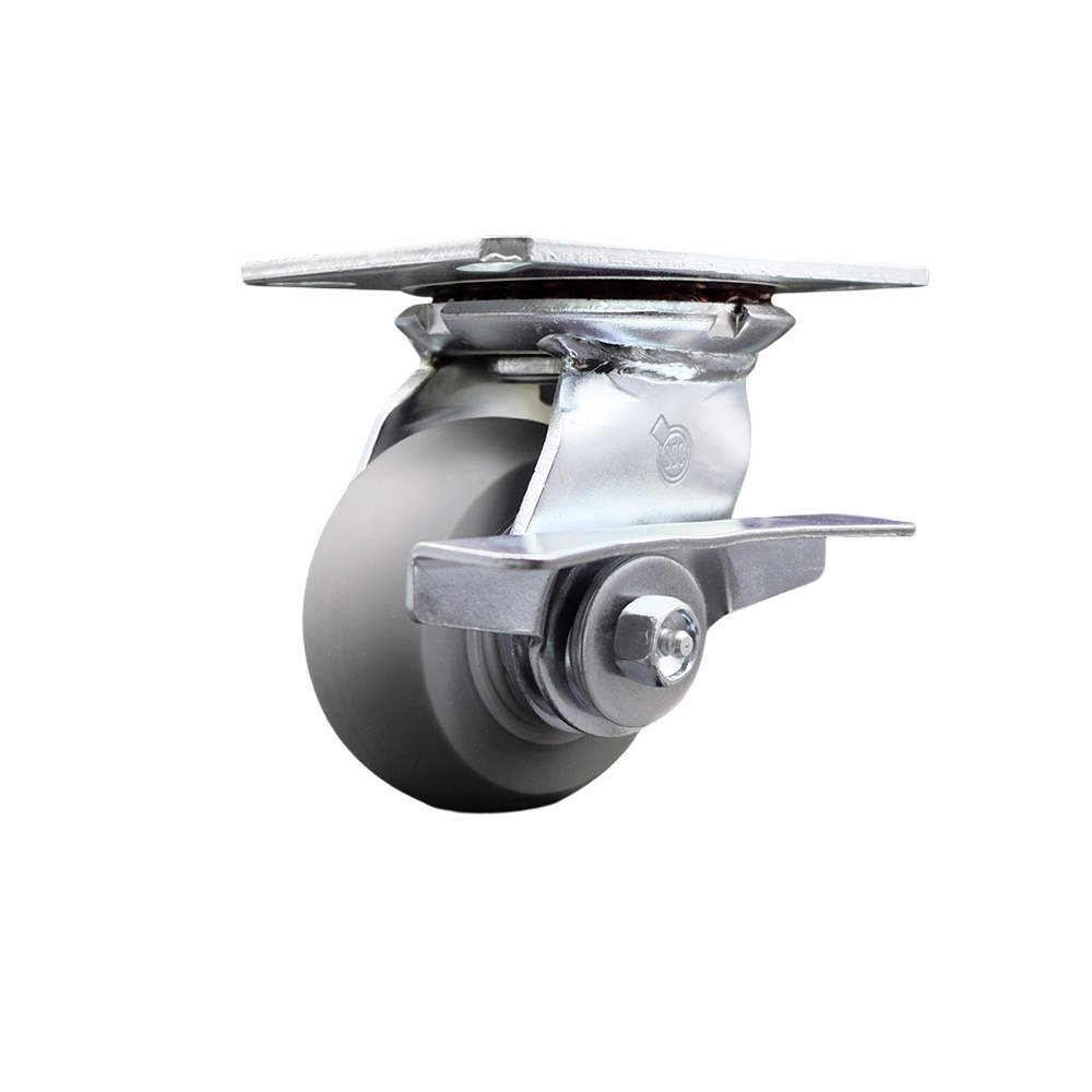 Heavy Duty Large Top Plate Thermo Rubber Donut Tread Swivel Caster w/Main. Free Bearings and 4" x 2" Gray Wheel & Side Lck Brake - 300 lbs Capacity/Caster - Service Caster Brand — photo 1