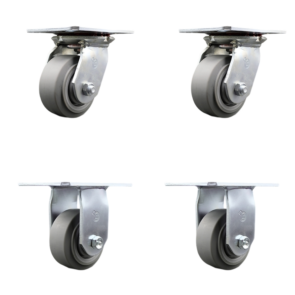 Heavy Duty Large Top Plate Thermo Rubber Flat Tread Swivel Caster w/Main. Free Bearings Set of 4 w/4" x 2" Gray Wheels - Includes 2 Swivel & 2 Rigid - 1200 lbs Total Capacity - Service Caster Brand — photo 1