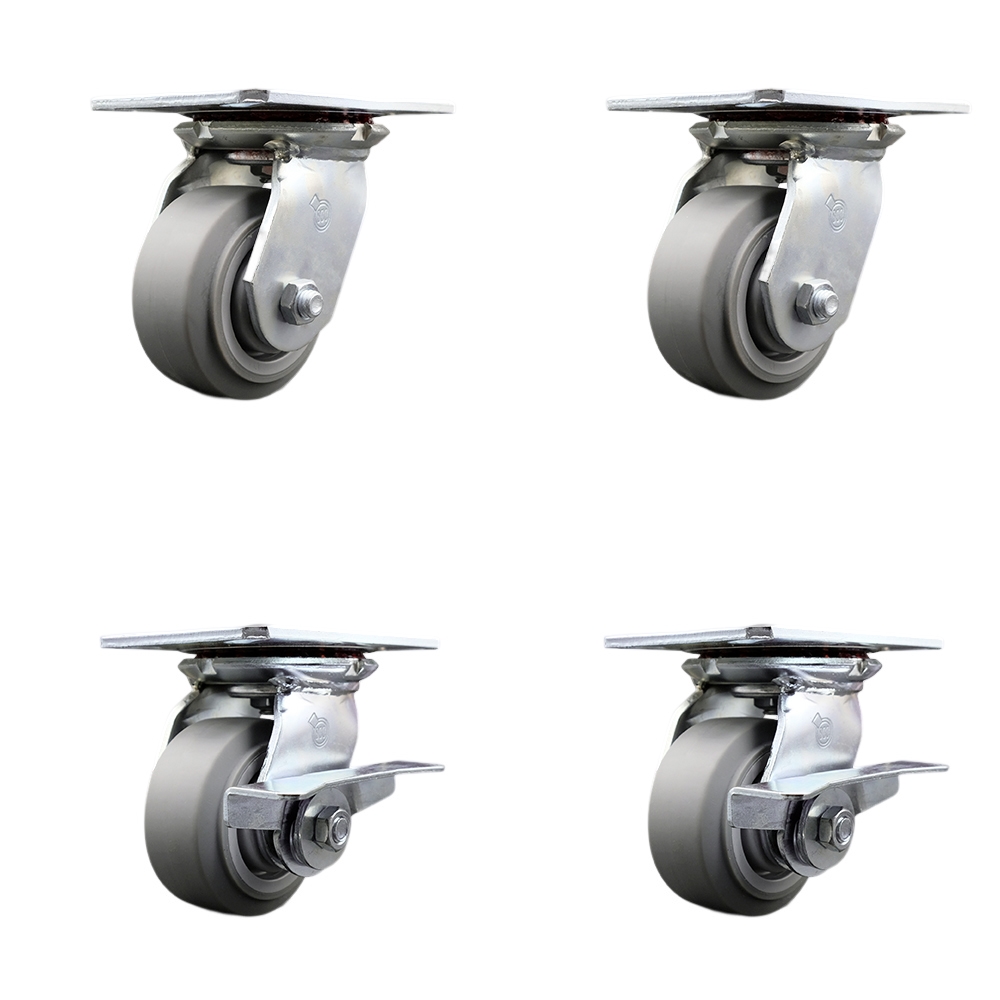 Heavy Duty Large Top Plate Thermo Rubber Flat Tread Swivel Caster Set of 4 w/4" x 2" Gray Wheels - Includes 2 Swivel with Brakes & 2 Swivel - 1200 lbs Total Capacity - Service Caster Brand — photo 1