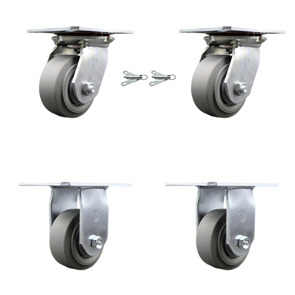 Heavy Duty Large Top Plate Thermo Rubber Flat Tread Swivel Caster Set of 4 w/4" x 2" Gray Wheels - Includes 2 Swivel with Bolt on Swivel Locks & 2 Rigid - 1200lbs Total Capacity - Service Caster Brand — photo 1