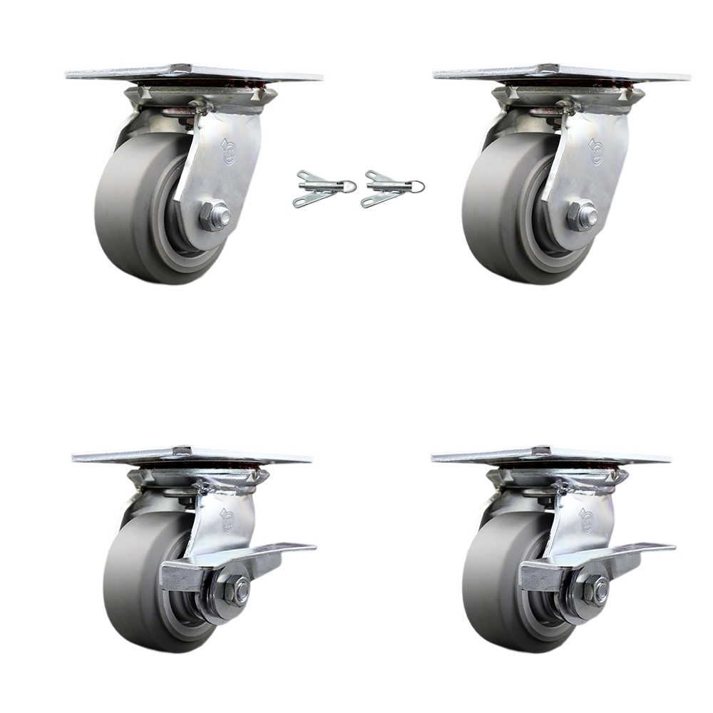 Heavy Duty Large Top Plate Thermo Rubber Flat Tread Swivel Caster Set of 4 w/4" x 2" Gray Wheels - Includes 2 Swivel with Bolt on Swvl Lcks&2 Swvl with Brakes-1200lbs Total Cpty - Service Caster Brand — photo 1