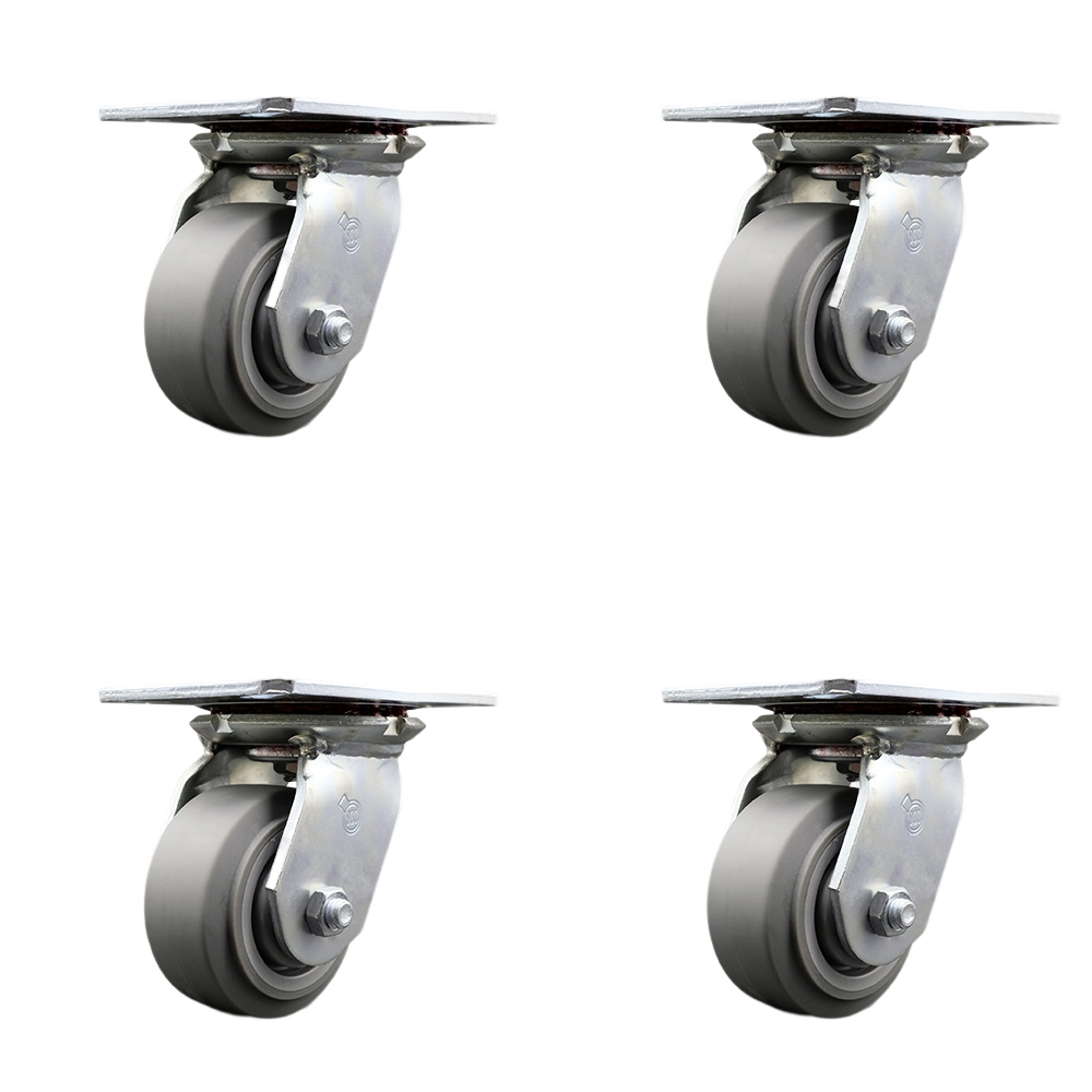 Heavy Duty Large Top Plate Thermo Rubber Flat Tread Swivel Caster w/Main. Free Bearings Set of 4 w/4" x 2" Gray Wheels-Includes 4 Swivel w/Bolt on Swivel Lcks-1200lbs Total Cpty - Service Caster Brand — photo 1