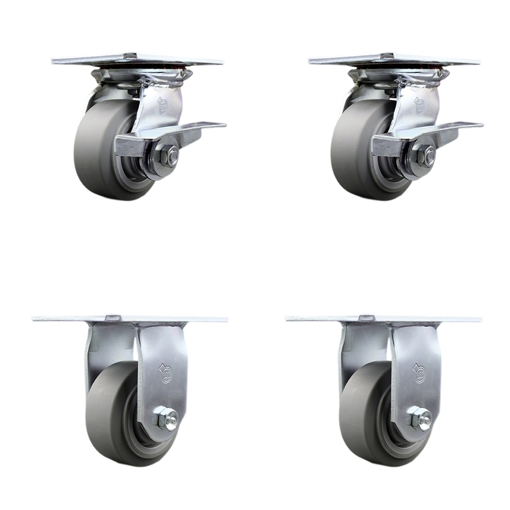 Heavy Duty Large Top Plate Thermo Rubber Flat Tread Swivel Caster Set of 4 w/4" x 2" Gray Wheels - Includes 2 Swivel with Brakes & 2 Rigid - 1200 lbs Total Capacity - Service Caster Brand — photo 1