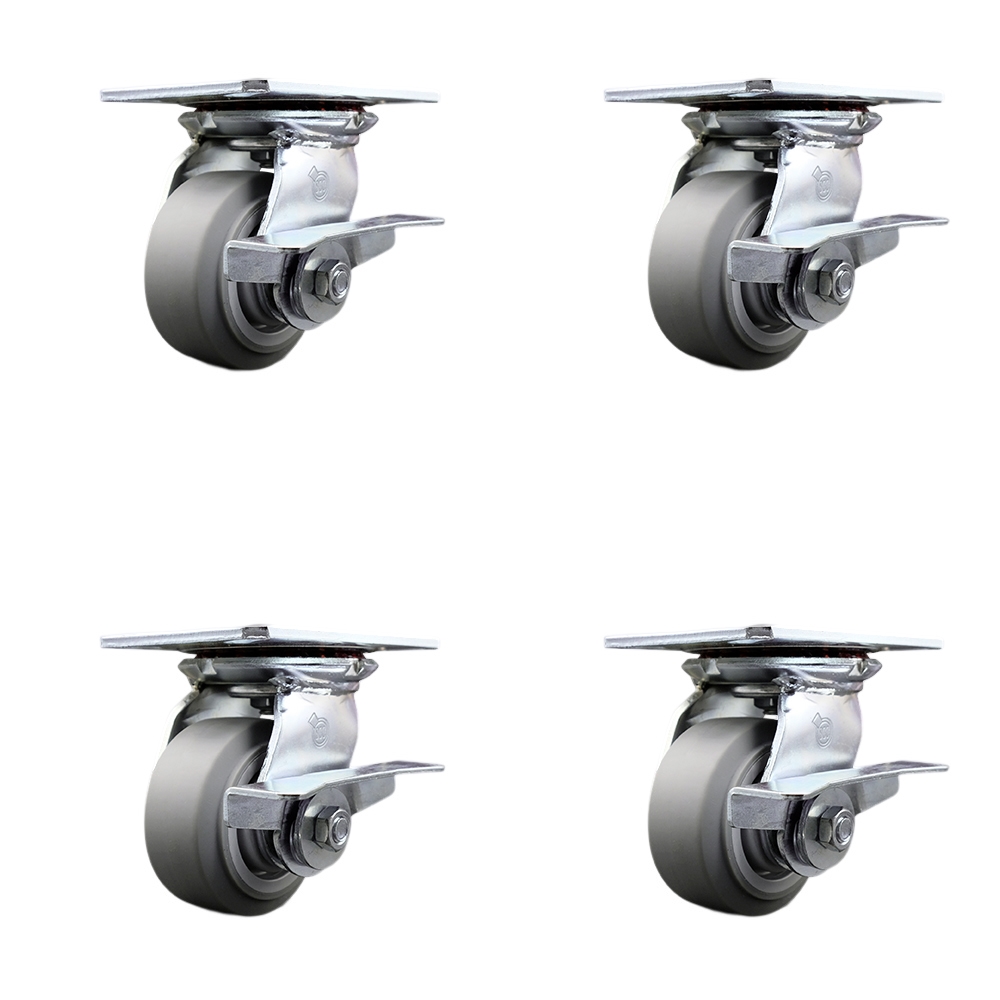 Heavy Duty Large Top Plate Thermo Rubber Flat Tread Swivel Caster w/Main. Free Bearings Set of 4 w/4" x 2" Gray Wheels - Includes 4 Swivel w/Side Lck Brakes - 1200lbs Total Cpty - Service Caster Brand — photo 1