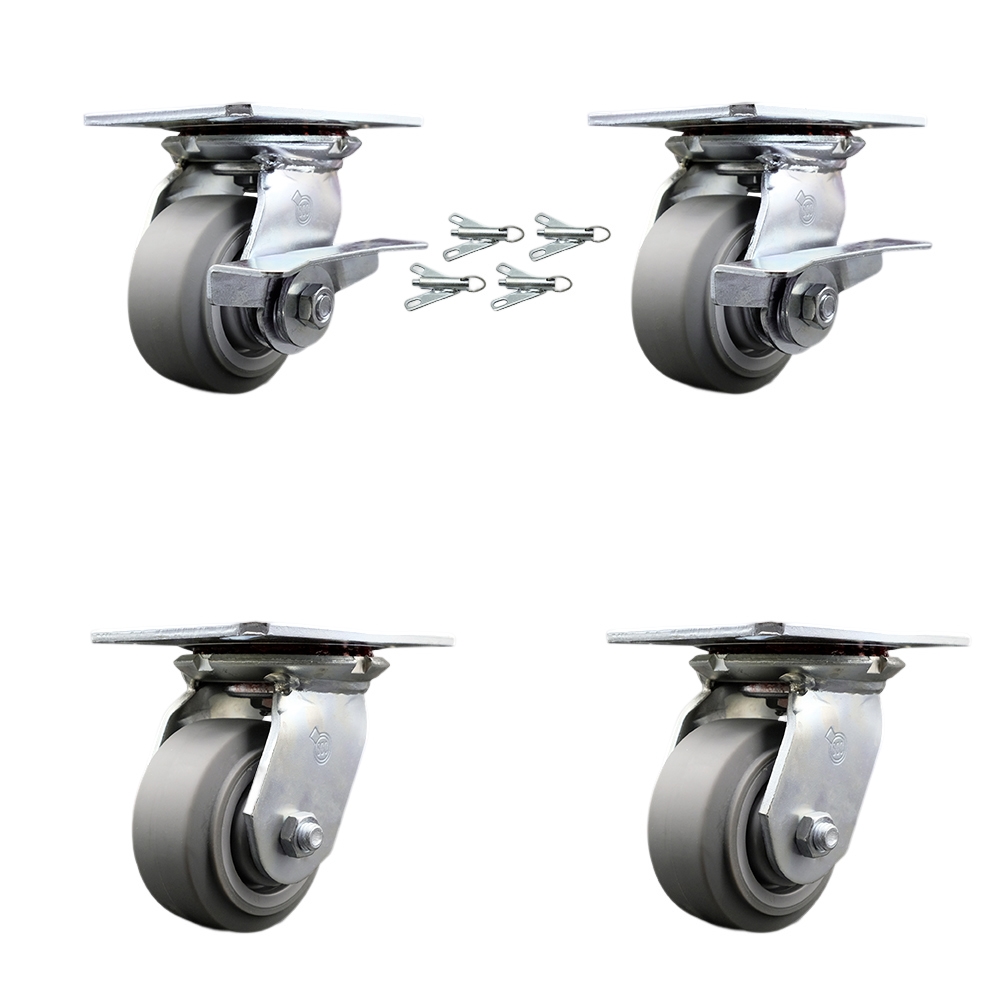 Heavy Duty Large Top Plate Thermo Rubber Flat Tread Swivel Caster Set 4 w/4"x2" Gray Wheel-Includes 2 Swvl w/BRKs and Bolt on Swvl Lck&2 Swvl w/Bolt on Swvl Lck-1200lbs Total Cpty-Service Caster Brand — photo 1