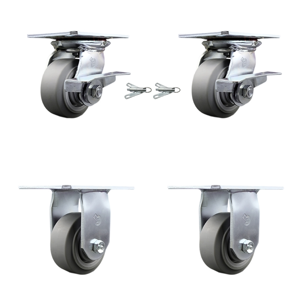 Heavy Duty Large Top Plate Thermo Rubber Flat Tread Swivel Caster Set of 4 w/4" x 2" Gray Wheels - Includes 2 Swivel with Brakes and Bolt on Swvl Lcks&2 Rigid-1200lbs Total Cpty - Service Caster Brand — photo 1