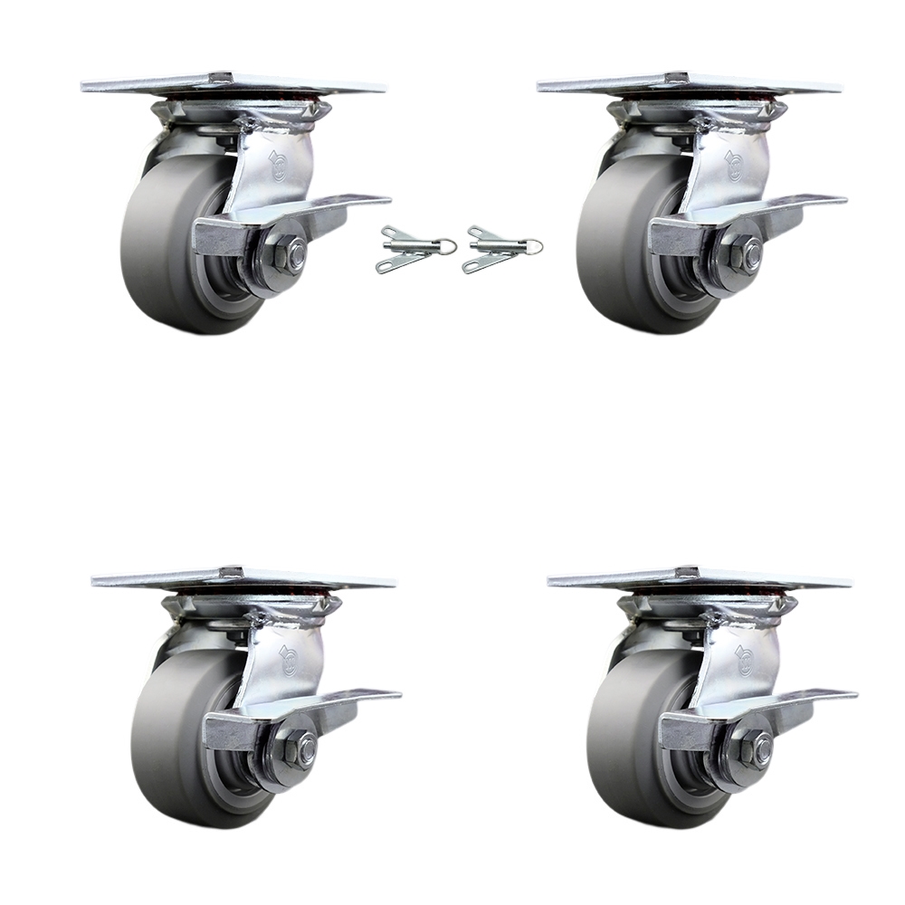 Heavy Duty Large Top Plate Thermo Rubber Flat Tread Swvl Caster w/Main. Free Bearings Set 4 w/4" x 2" Gray Wheels-Includes 2 Swvl with Brakes and Bolt on Swvl Lck&2 Swvl with BRKs-Service Caster Brand — photo 1
