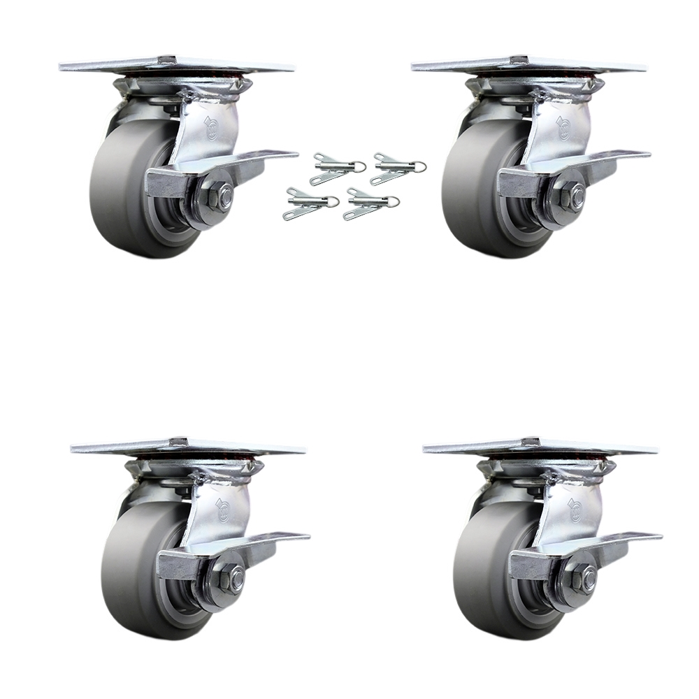 Heavy Duty Large Top Plate Thermo Rubber Flat Tread Swivel Caster w/Main. Free Bearings Set of 4 w/4" x 2" Gray Wheels - Includes 4 Swivel w/Side Lck Brakes&Bolt on Swivel Locks - Service Caster Brand — photo 1