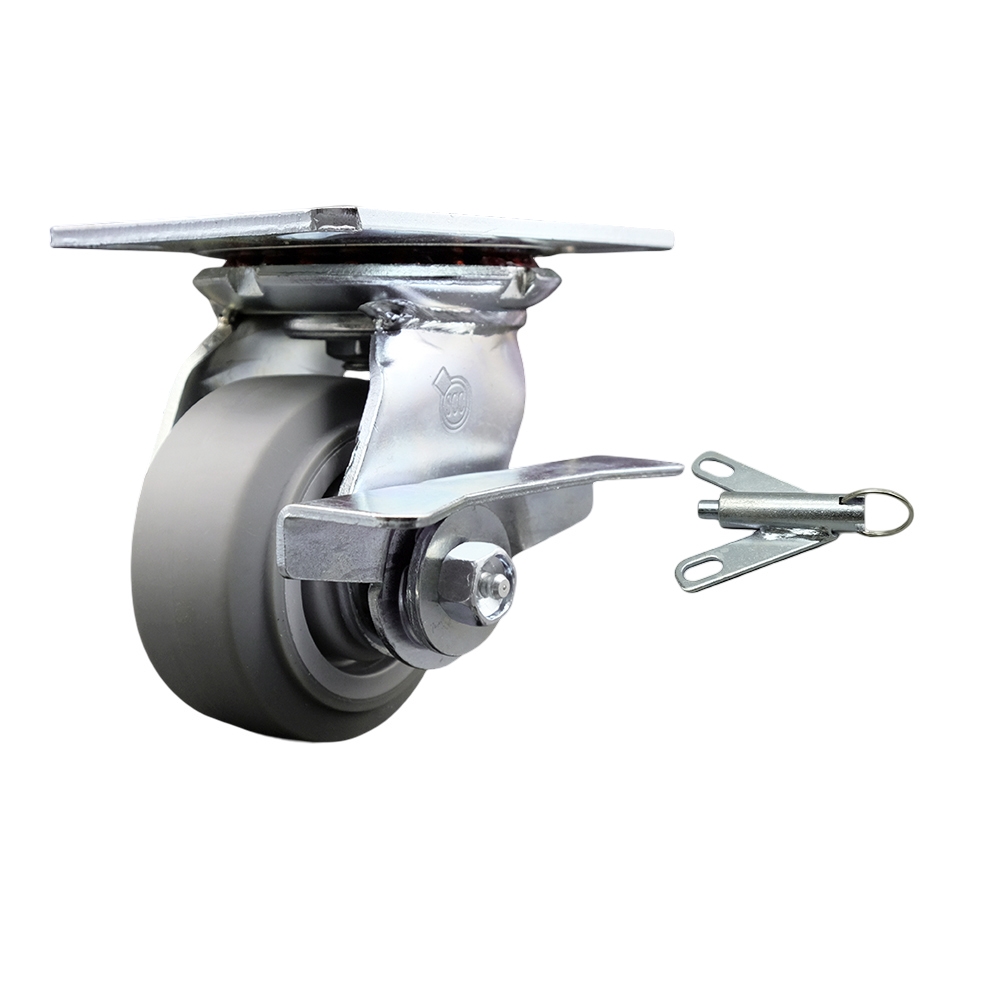 Heavy Duty Large Top Plate Thermo Rubber Flat Tread Swivel Caster w/4" x 2" Gray Wheel & Side Lck Brake and Bolt on Swivel Lock - 300 lbs Capacity/Caster - Service Caster Brand — photo 1