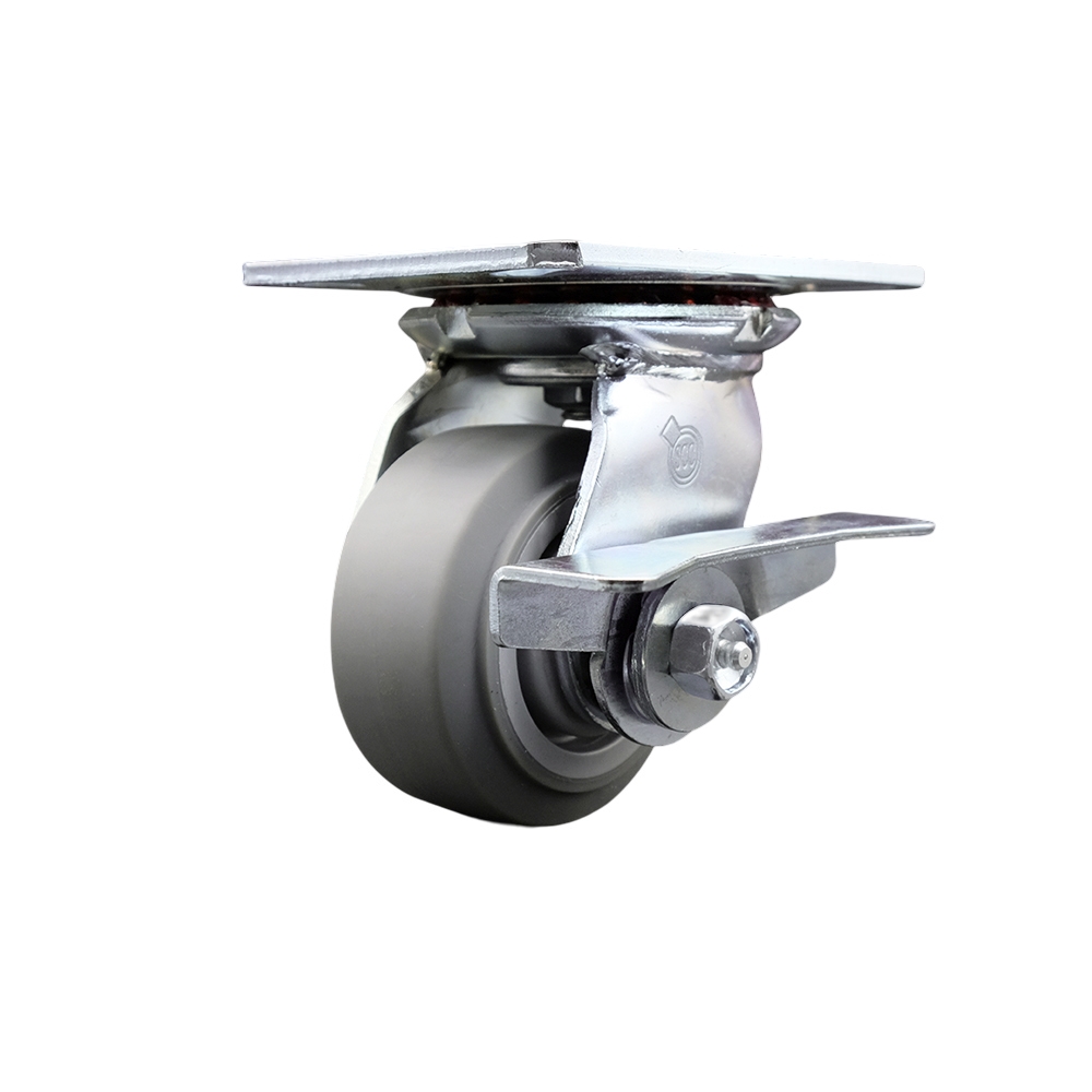 Heavy Duty Large Top Plate Thermo Rubber Flat Tread Swivel Caster w/4" x 2" Gray Wheel & Side Lck Brake - 300 lbs Capacity/Caster - Service Caster Brand — photo 1
