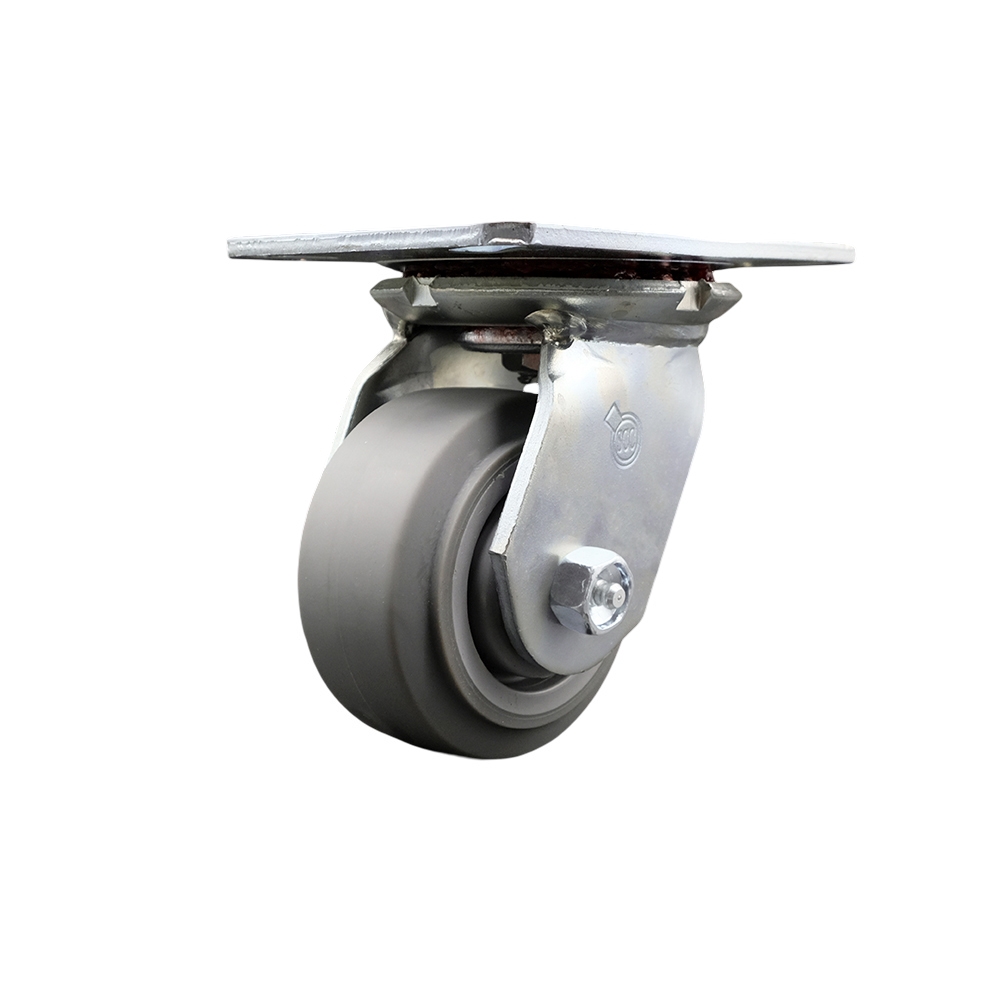 Heavy Duty Large Top Plate Thermo Rubber Flat Tread Swivel Caster w/Main. Free Bearings and 4" x 2" Gray Wheel - 300 lbs Capacity/Caster - Service Caster Brand — photo 1