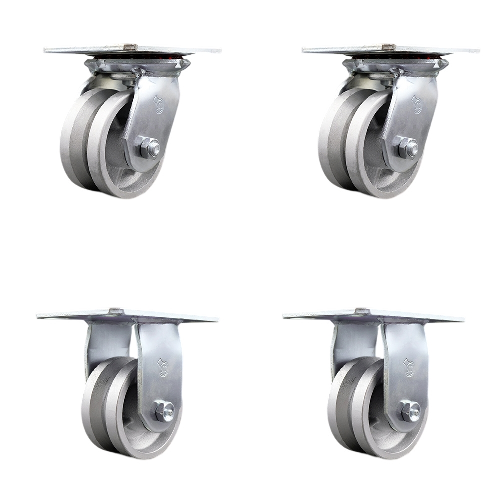 Heavy Duty Large Top Plate V Groove Semi Steel Swivel Caster w/Main. Free Bearings Set of 4 w/4" x 2" Silver Wheels - Includes 2 Swivel & 2 Rigid - 3200 lbs Total Capacity - Service Caster Brand — photo 1