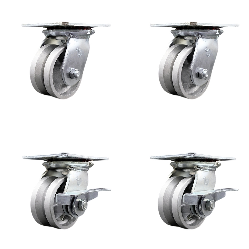 Heavy Duty Large Top Plate V Groove Semi Steel Swivel Caster Set of 4 w/4" x 2" Silver Wheels - Includes 2 Swivel with Brakes & 2 Swivel - 3200 lbs Total Capacity - Service Caster Brand — photo 1