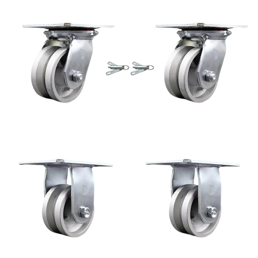 Heavy Duty Large Top Plate V Groove Semi Steel Swivel Caster Set of 4 w/4" x 2" Silver Wheels - Includes 2 Swivel with Bolt on Swivel Locks & 2 Rigid - 3200 lbs Total Capacity - Service Caster Brand — photo 1