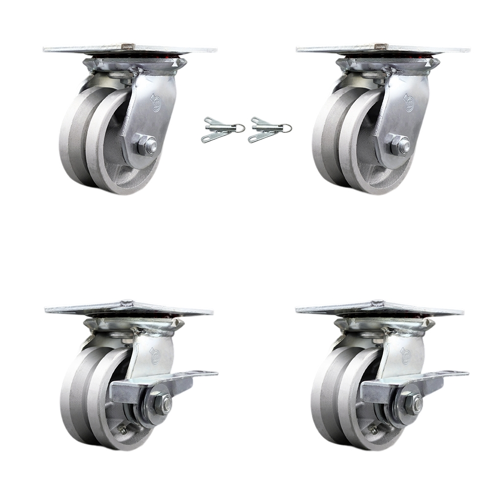 Heavy Duty Large Top Plate V Groove Semi Steel Swivel Caster Set of 4 w/4" x 2" Silver Wheels-Includes 2 Swivel with Bolt on Swivel Locks&2 Swivel with Brakes-3200lbs Total Cpty - Service Caster Brand — photo 1