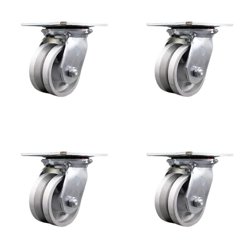 Heavy Duty Large Top Plate V Groove Semi Steel Swivel Caster Set of 4 w/4" x 2" Silver Wheels - Includes 4 Swivel w/Bolt on Swivel Locks - 3200 lbs Total Capacity - Service Caster Brand — photo 1