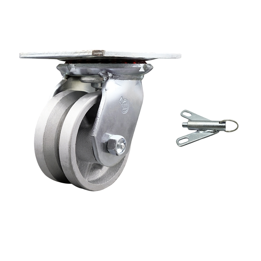 Heavy Duty Large Top Plate V Groove Semi Steel Swivel Caster w/Main. Free Bearings and 4" x 2" Silver Wheel & Bolt on Swivel Lock - 800 lbs Capacity/Caster - Service Caster Brand — photo 1