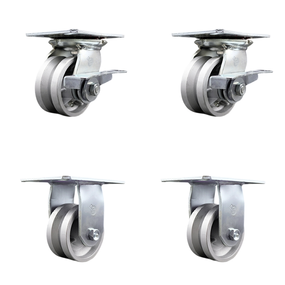 Heavy Duty Large Top Plate V Groove Semi Steel Swivel Caster Set of 4 w/4" x 2" Silver Wheels - Includes 2 Swivel with Brakes & 2 Rigid - 3200 lbs Total Capacity - Service Caster Brand — photo 1