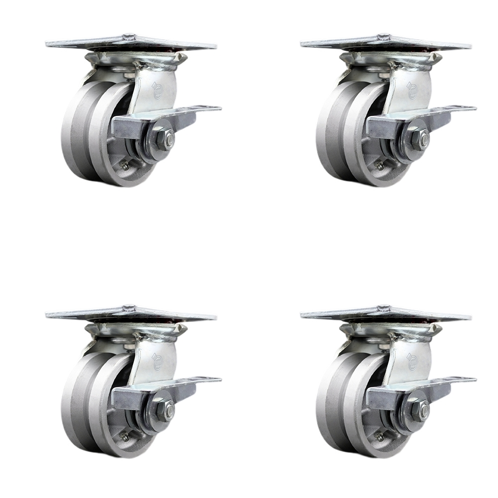 Heavy Duty Large Top Plate V Groove Semi Steel Swivel Caster w/Main. Free Bearings Set of 4 w/4" x 2" Silver Wheels - Includes 4 Swivel w/Side Lck Brakes-3200 lbs Total Capacity - Service Caster Brand — photo 1