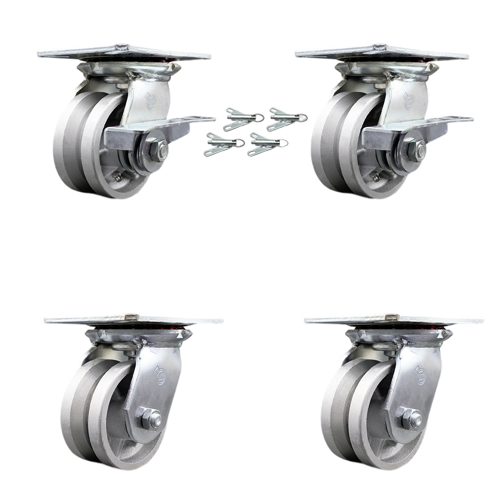 Heavy Duty Large Top Plate V Groove Semi Steel Swivel Caster Set 4 w/4" x 2" Silver Wheel-Includes 2 Swvl w/BRKs and Bolt on Swvl Lck&2 Swvl w/Bolt on Swvl Lck-3200lbs Total Cpty- Service Caster Brand — photo 1