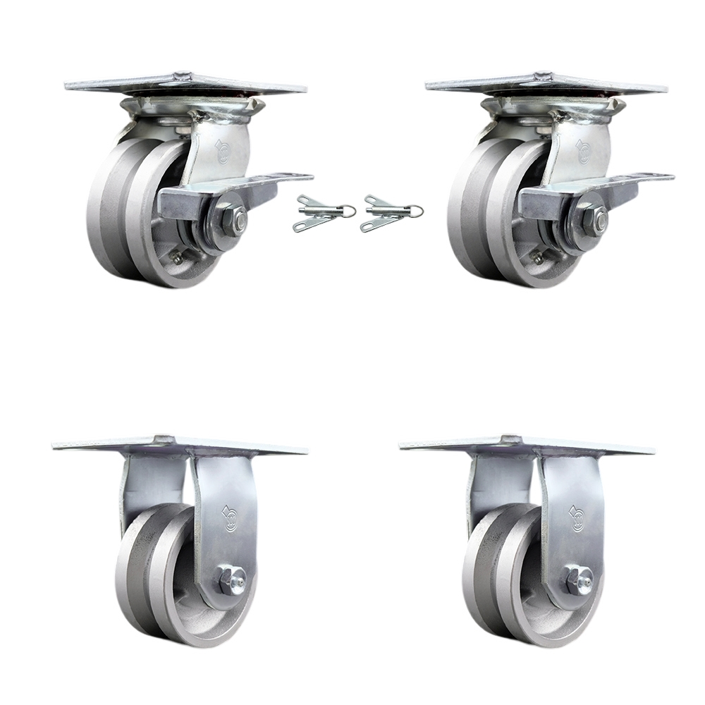 Heavy Duty Large Top Plate V Groove Semi Steel Swivel Caster w/Main. Free Bearings Set of 4 w/4" x 2" Silver Wheels - Includes 2 Swivel with Brakes and Bolt on Swvl Locks&2 Rigid- Service Caster Brand — photo 1