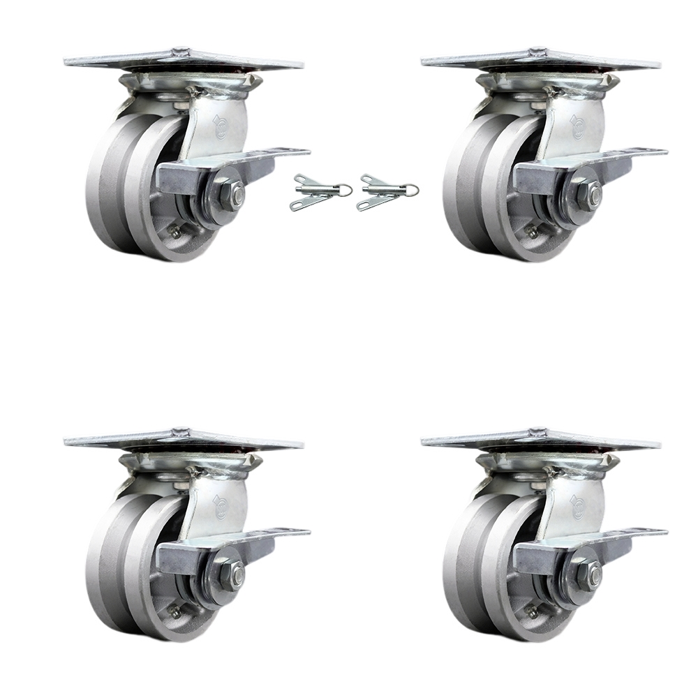 Heavy Duty Large Top Plate V Groove Semi Steel Swivel Caster w/Main. Free Bearings Set 4 w/4" x 2" Silver Wheels-Includes 2 Swvl with Brakes and Bolt on Swvl Lcks&2 Swvl with BRKs-Service Caster Brand — photo 1