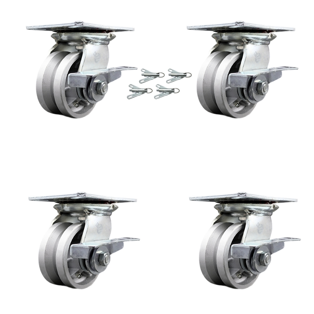 Heavy Duty Large Top Plate V Groove Semi Steel Swivel Caster w/Main. Free Bearings Set of 4 w/4" x 2" Silver Wheels - Includes 4 Swivel w/Side Lck Brakes & Bolt on Swivel Locks - Service Caster Brand — photo 1