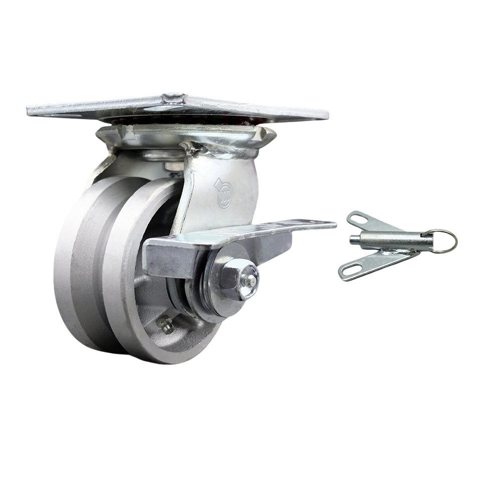 Heavy Duty Large Top Plate V Groove Semi Steel Swivel Caster w/Main. Free Bearings and 4" x 2" Silver Wheel & Side Lck Brake and Bolt on Swivel Lock - 800 lbs Capacity/Caster - Service Caster Brand — photo 1