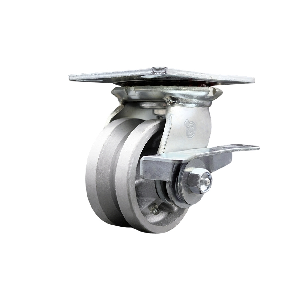 Heavy Duty Large Top Plate V Groove Semi Steel Swivel Caster w/4" x 2" Silver Wheel & Side Lck Brake - 800 lbs Capacity/Caster - Service Caster Brand — photo 1