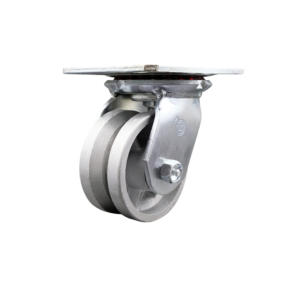 Heavy Duty Large Top Plate V Groove Semi Steel Swivel Caster w/Main. Free Bearings and 4" x 2" Silver Wheel - 800 lbs Capacity/Caster - Service Caster Brand — photo 1