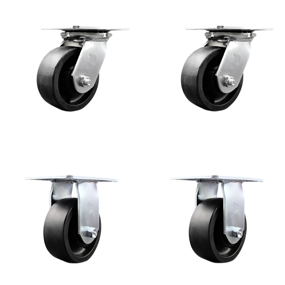 Heavy Duty Large Top Plate Glass Filled Nylon Swivel Caster w/Main. Free Bearings Set of 4 and  w/5" x 2" Black Wheels - Includes 2 Swivel & 2 Rigid - 6000 lbs Total Capacity - Service Caster Brand — photo 1